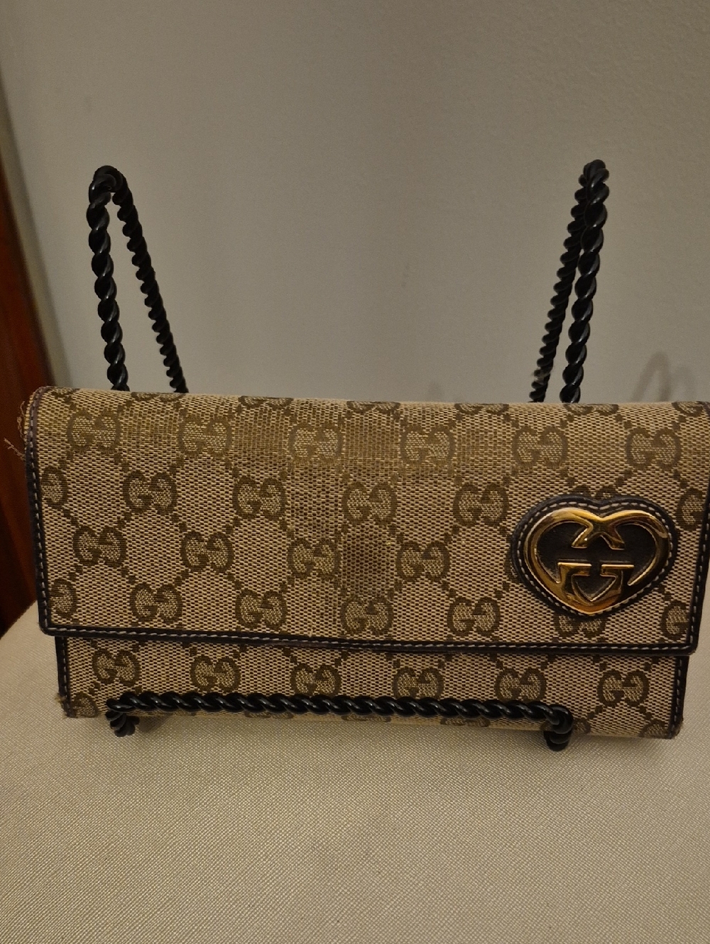 Gucci Beige GG Monogram Long Wallet with Gold Heart Logo